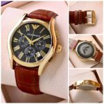 Emporio Armani Leather Stainless Gold Chronograph Working Watch For Men (SG54)